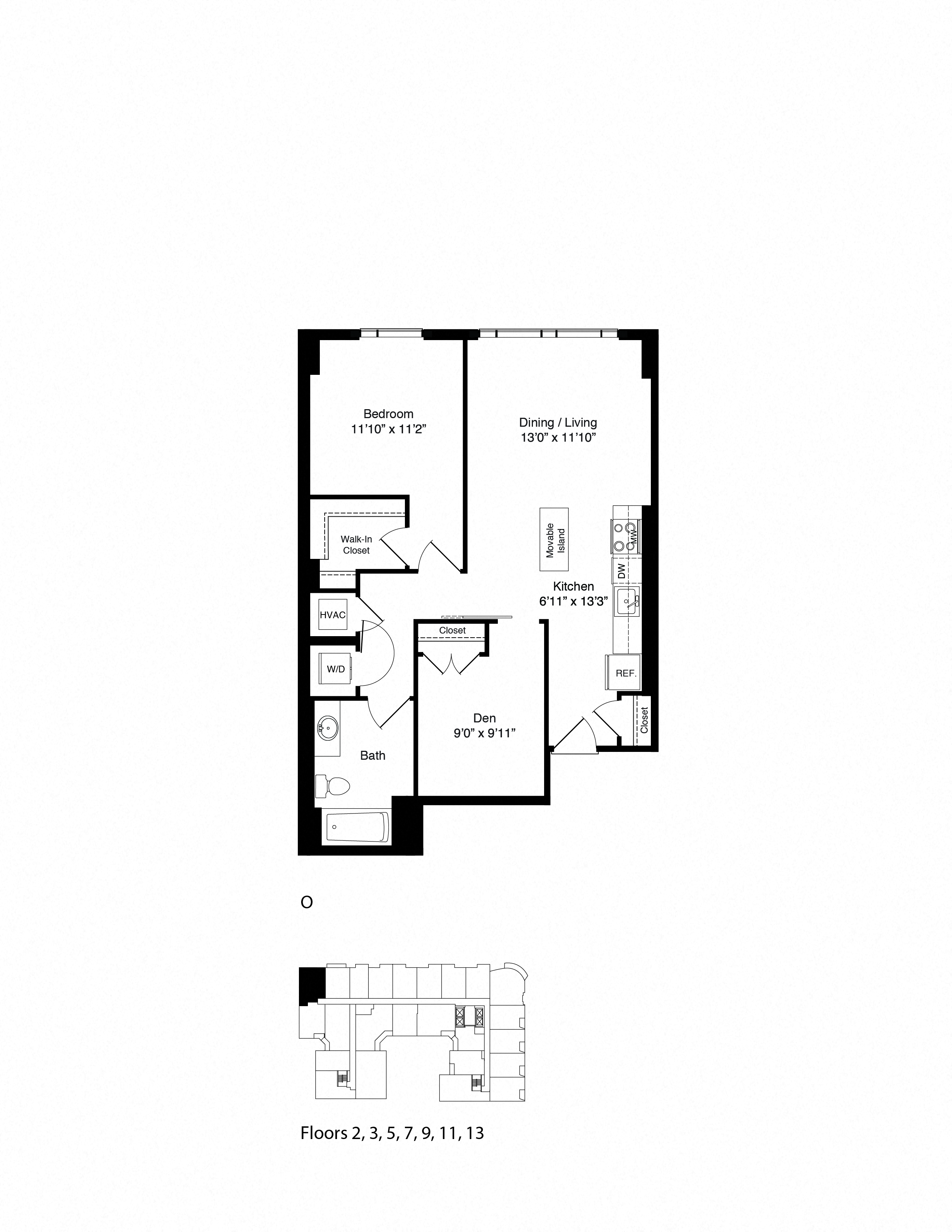 Floor plan for 1 bed, 1 bath, 845 sqft